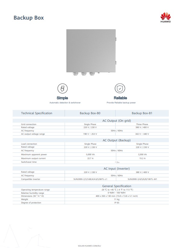 Technický list Huawei Back up box